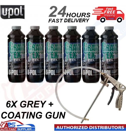 6 X U-POL GRAVITEX PLUS HS STONE CHIP COATING 1L GREY WITH GUN - FAST DELIVERY