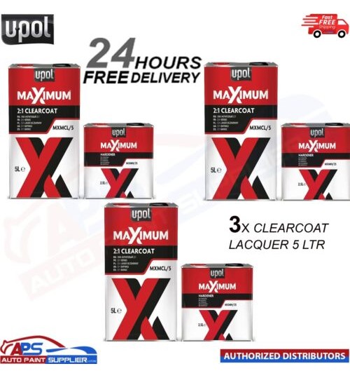 3x UPOL MAXIMUM 2K HS CLEARCOAT LACQUER 5 LTR WITH FAST HARDENER 7.5 LTR KIT