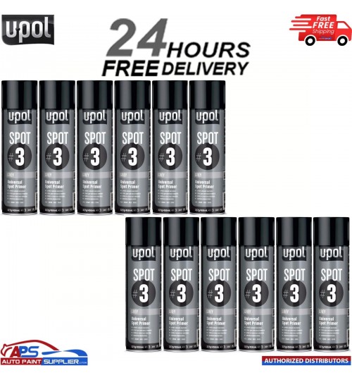 12x U-Pol Spot #3 Fast Drying Universal Grey Primer 450ml Aerosol Easy To Sand