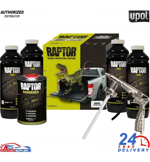 U-POL Raptor White Bed Liner 4 Bottle Kit With Schutz Gun – Tough Coating