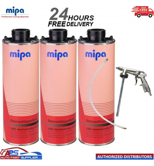 3x MIPA SUPER BLACK OVER PAINTABLE STONE CHIP 1L WITH GUN