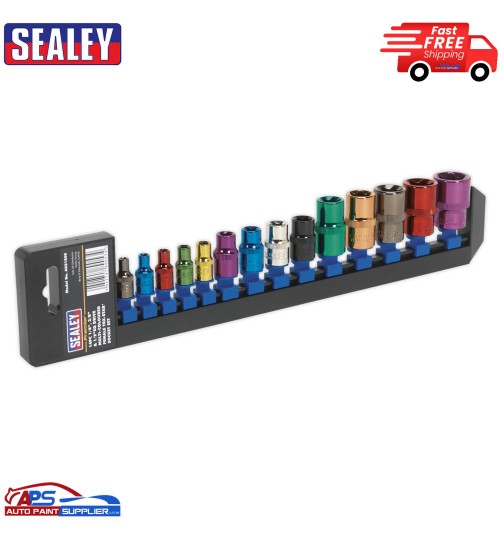 AK61800 Sealey Trx Socket Set 1/4" 3/8" And 1/2" Sq Drive E4-E24 14 Pcs Coloured