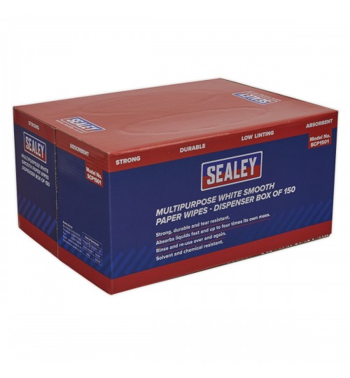 Sealey Workshop Tough Paper Cloth Wipes Strong No-Rip in Dispenser Box 150pc